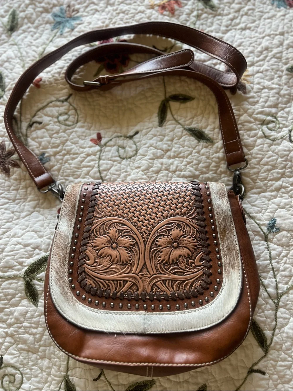 Trinity Ranch Brown Cowhide Lining Leather Studded Crossbody Bag Western - Picture 1 of 15